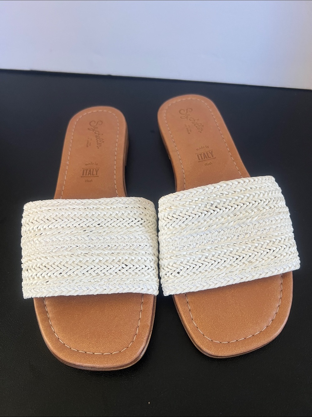 Seychelles Cream Braided Slide Mules with Tan Footbed, Women's size 6.5